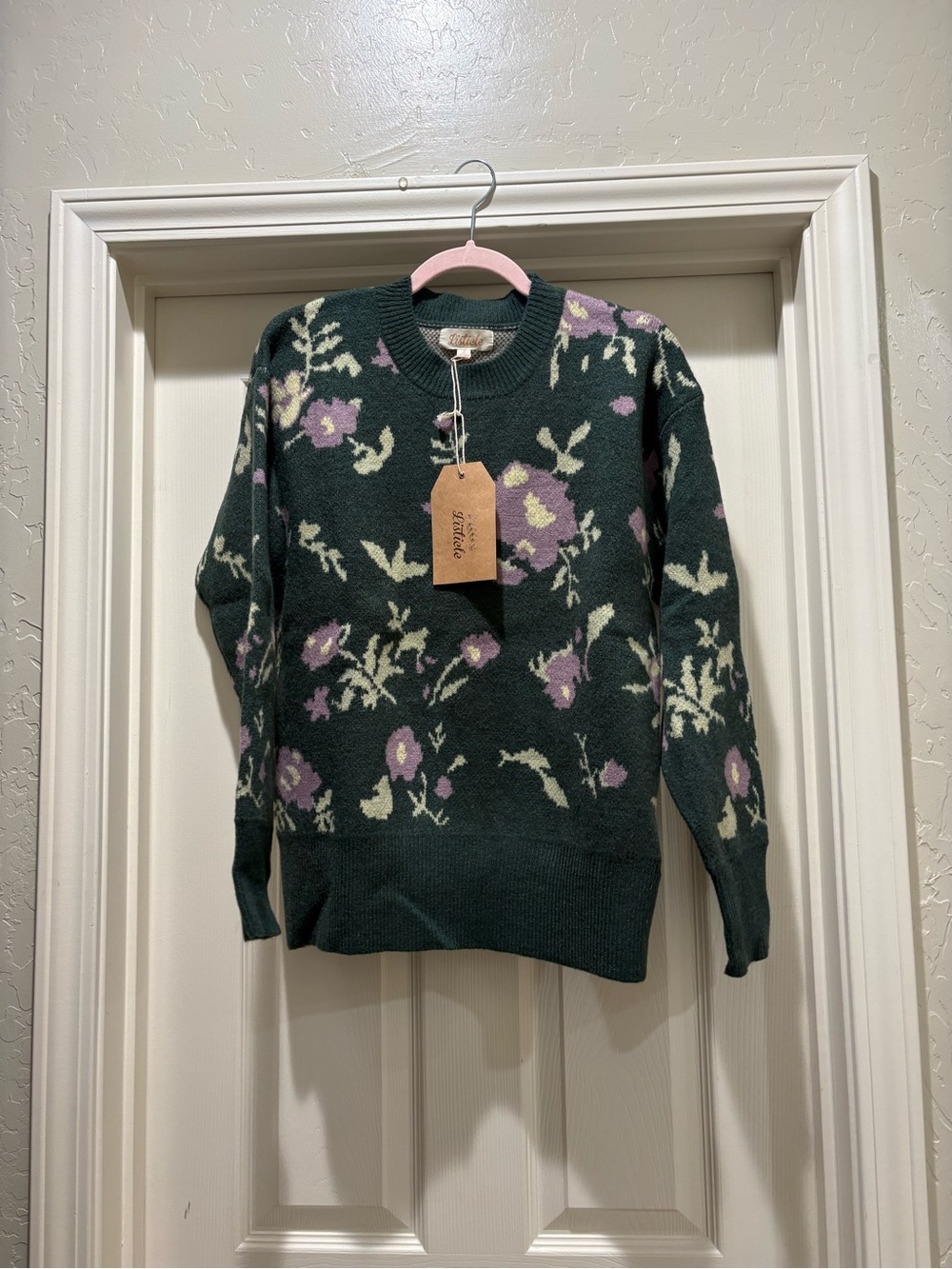 Listicle Dark Green Floral Crewneck Sweater with Lavender and Cream Accents